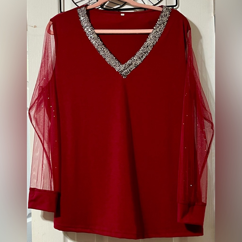 Chic Red Blouse with Embellished V-Neck